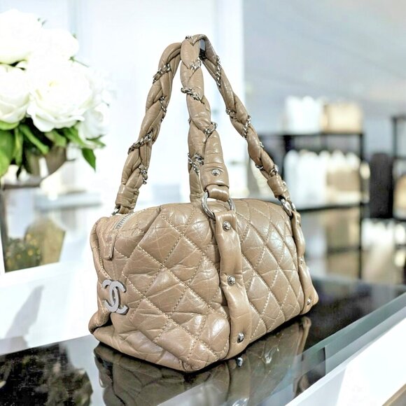 CHANEL Lady Braid Taupe Tan Chain Bowler Bag Quilted Boston Leather CC Auth - Picture 10 of 16